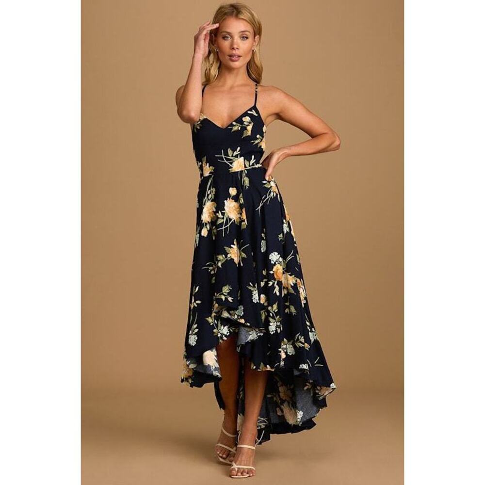 Lulus Best Times Navy Blue Floral Print Lace-up High-low Maxi Dress - Size S